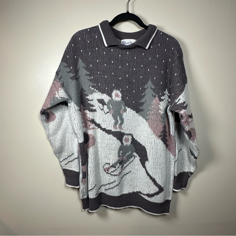Vintage Lady Roi Ski Scene Sweater Women’s Large — 80s/90s Snowy Winter Graphic